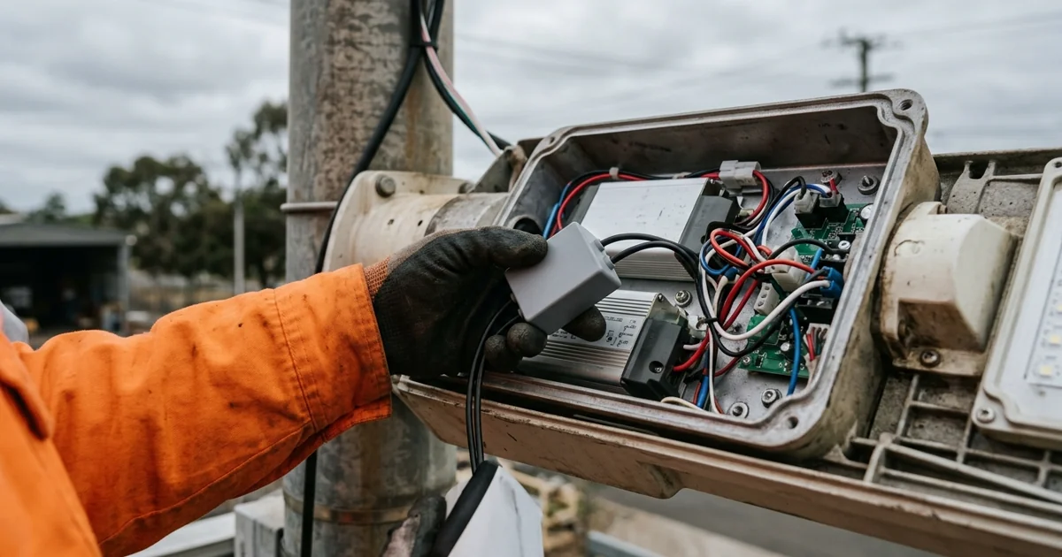Gloved hands fitting a replaceable surge protection module into the opened gear compartment of a pole-mounted outdoor luminaire