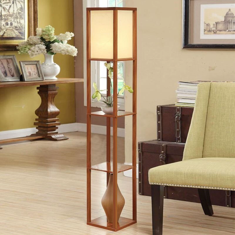 Lampadaire avec étagère de rangement en bois
