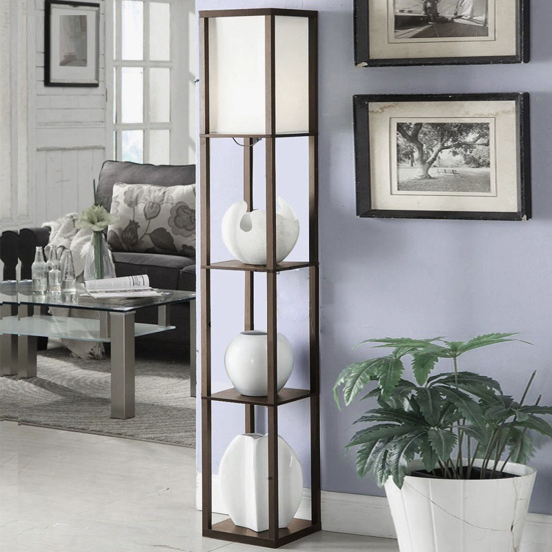 Lampadaire avec étagère de rangement en bois
